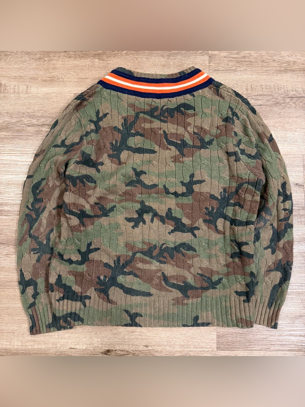 Polo Ralph Lauren Sweater XL Men's Cricket Camo Cable Knit Tiger V Neck Pullover - Picture 4 of 4